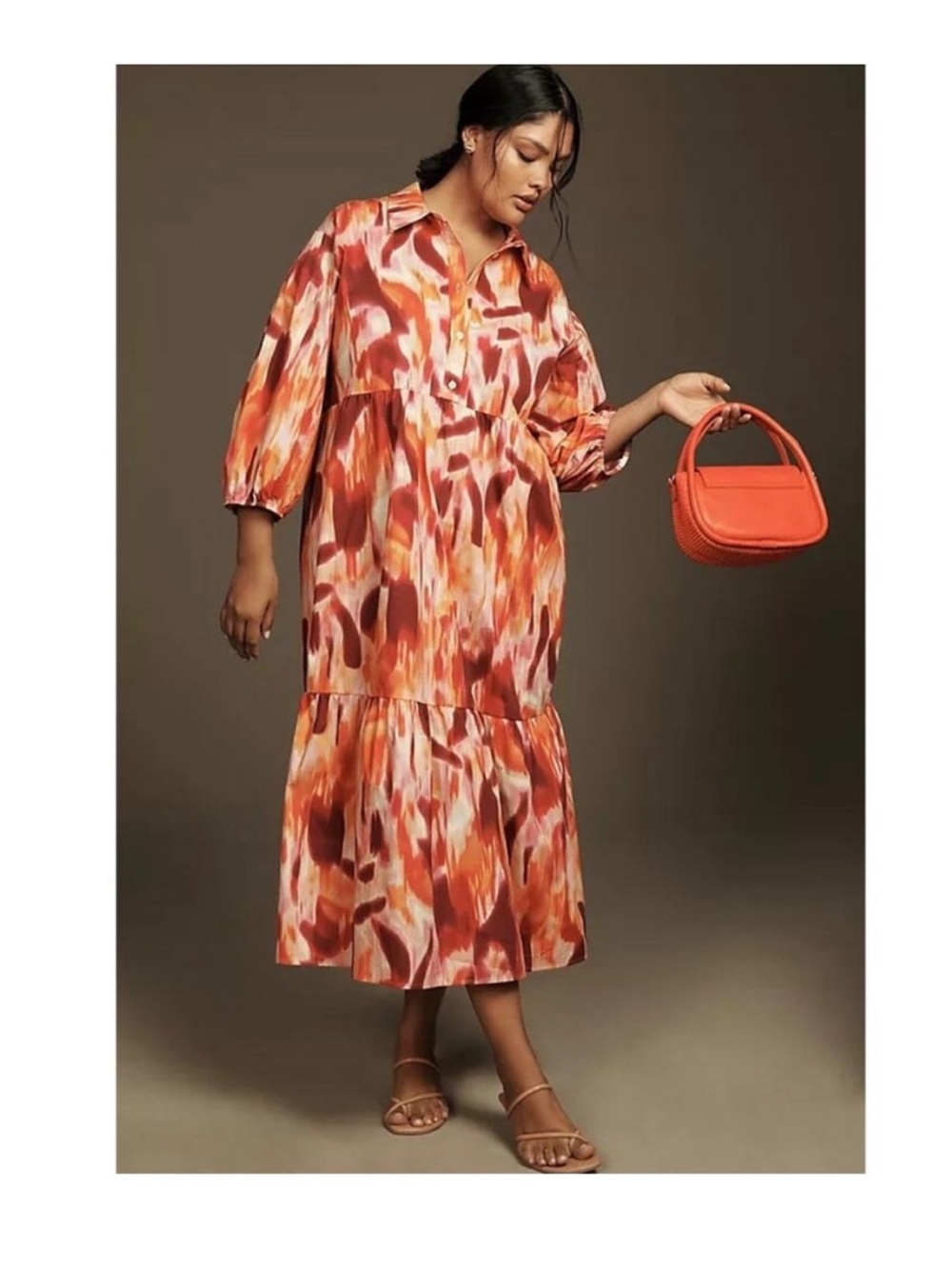 Anthropologie Bettina orange & red tiered midi dress